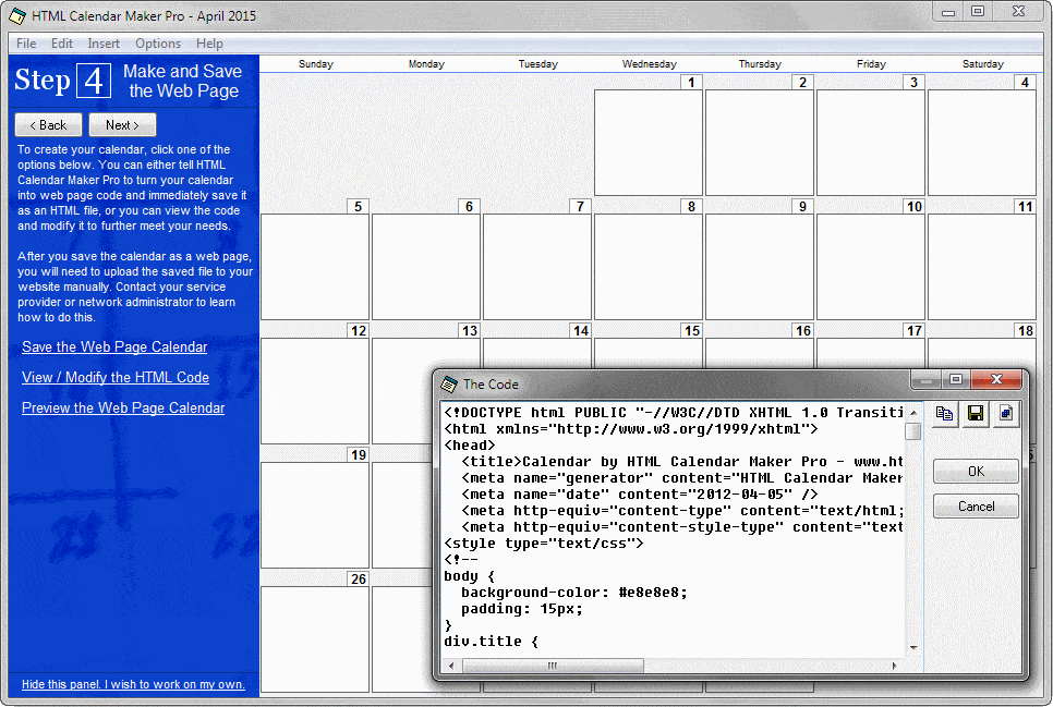 Screenshot of HTML Calendar Maker Pro