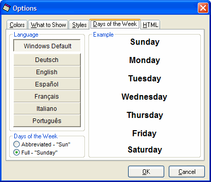 The Days of the Week Tab in the Options Window
